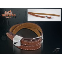 Hermes Double Tour Leather Light Coffee Bracelet With Gold